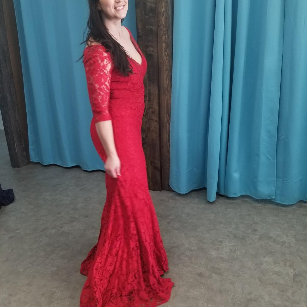 NEW Red Long Lace Dress, 3/4 Sleeve Holiday Formal Sexy, Cruise Prom Mother's - Picture 7 of 10